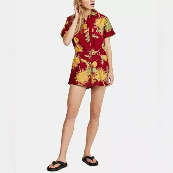Free People Pants - FREE PEOPLE Malibu Cotton Print Romper in Red‎ Combo